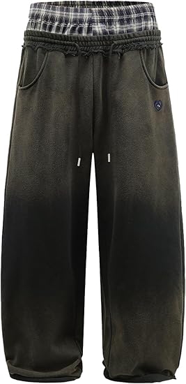 Aelfric Eden Double Waist Washed Baggy Sweatpants Loose Wide Leg Plaid Patchwork Casual Pants with Pockets